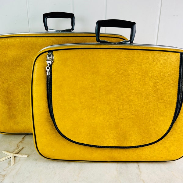 Vintage Jetliner Luggage Set, two pieces, 1970s Mustard Yellow and Black, medium size, for travelling, decor collection, movie prop, gift