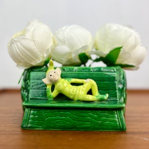 Vintage Elf Planter, green 1950s Treasure Craft ceramic, with Pixie, Sprite figure, for indoor planter, whimsical decor, gift