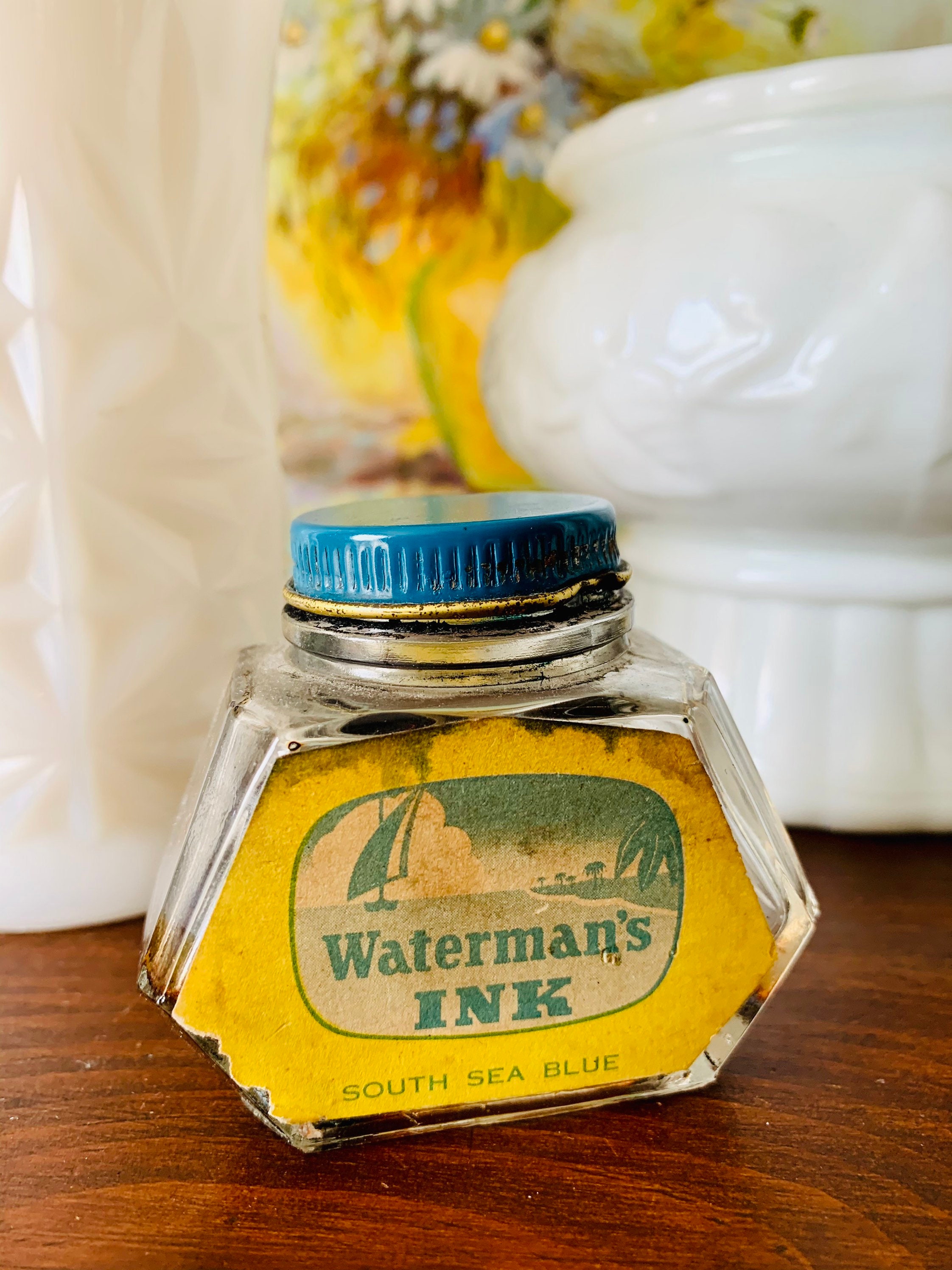 Vintage Waterman's Ink Bottle, Artist Decor, South Sea Blue