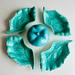 Vintage MCM Hoenig Snack Dish Set, 5 pieces, 4 Turquoise Leaf Bowls plus Apple Covered dip dish, Snack Dishes, made in California, gift