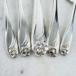 以下が含まれることがあります： 装飾的な花柄が施された銀メッキフォーク6本セット。各フォークには、繊細な花柄と中央の花のモチーフが施されています。