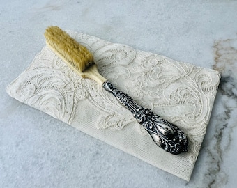 Antique French Sterling Silver Hairbrush, Art Deco, Ivory backed brush, ornate decorative repousse handle, baby hairbrush, collectible, gift