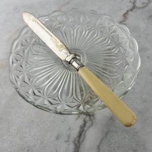 May include: A silver butter knife with an ivory handle. The knife is resting on a clear glass plate with a decorative pattern.