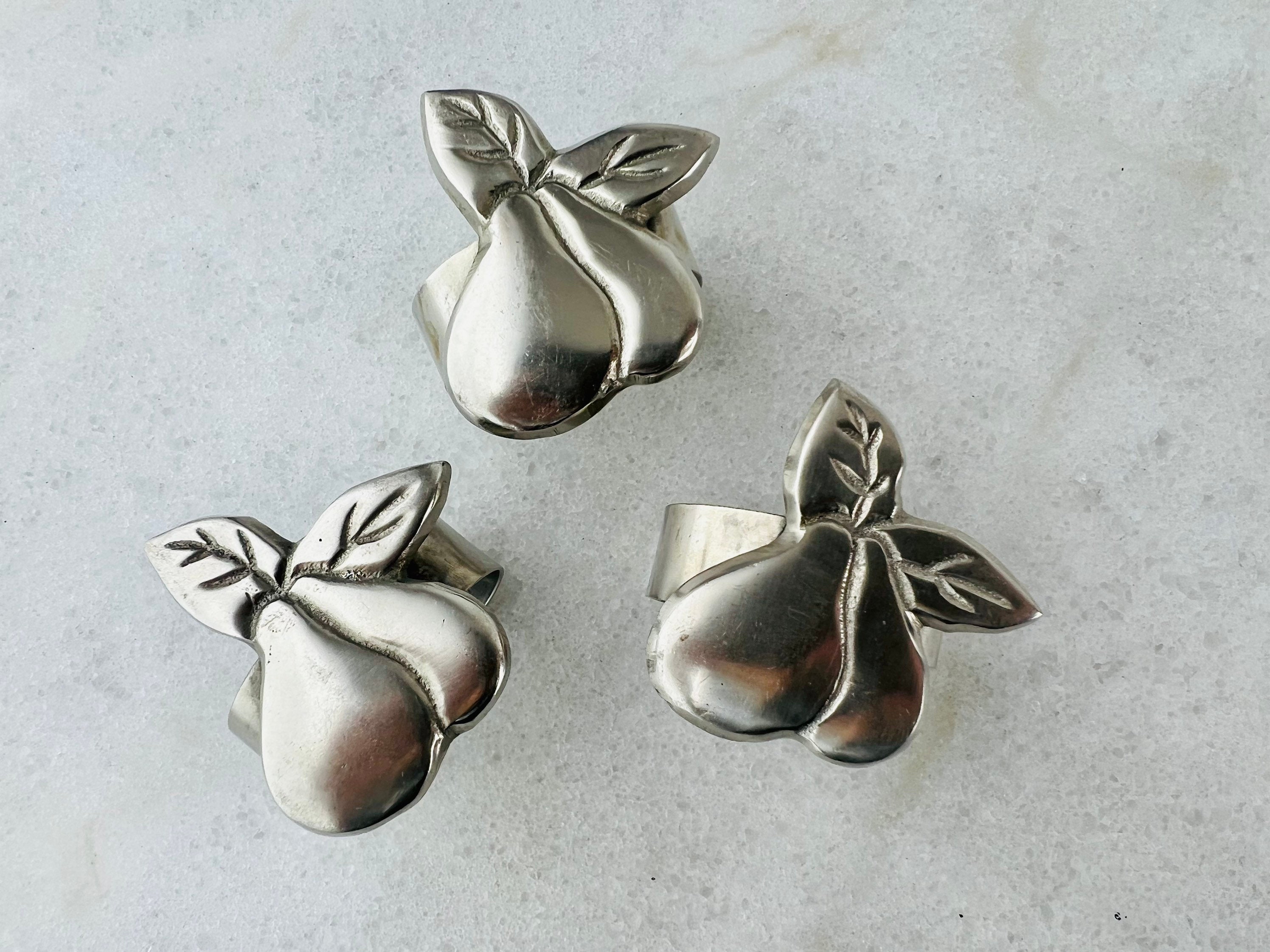 Vintage Pewter Napkin Holder set of three, Pear Napkin Rings, for pewter tableware, pear decor, farmhouse, country, boho decor, gift