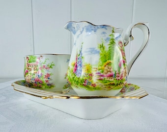 Ancien modèle Royal Albert Kentish Rockery des années 1930 crème, sucrier et plateau, porcelaine tendre, fabriqué en Angleterre, vaisselle vintage, cadeau pour maman