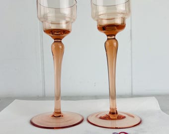 Vintage Pink Glass Candle Holders, Pedestal Taper Candlestick, Set of 2