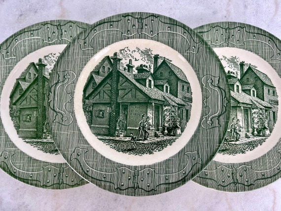 Set of 3 Royal USA Dinner Plates, the Old Curiosity Shop, Green