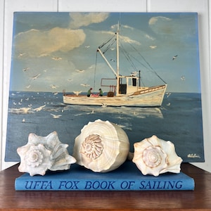 May include: An oil painting of a white fishing boat at sea with seagulls, above three seashells and a blue book titled "UFFA FOX BOOK OF SAILING". The painting has a blue sky and water.