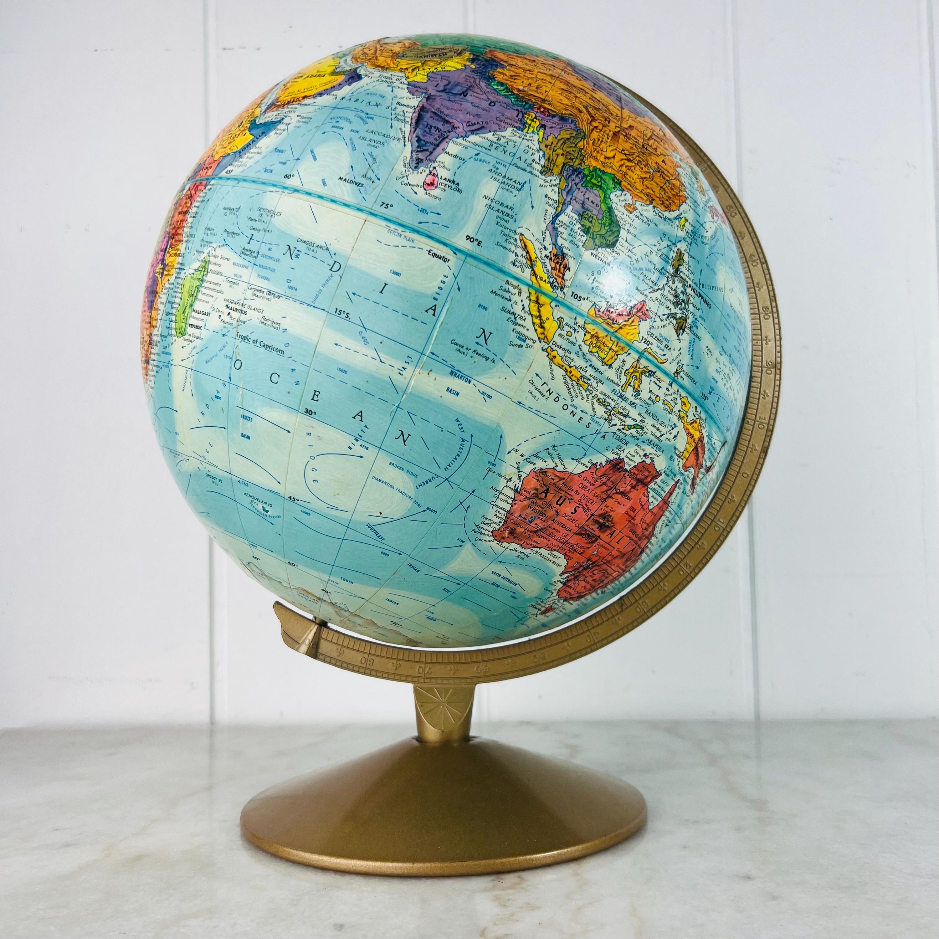 12" Zurich World Globe - Blue Ocean Canvas With Raised Relief & Diecast Base
