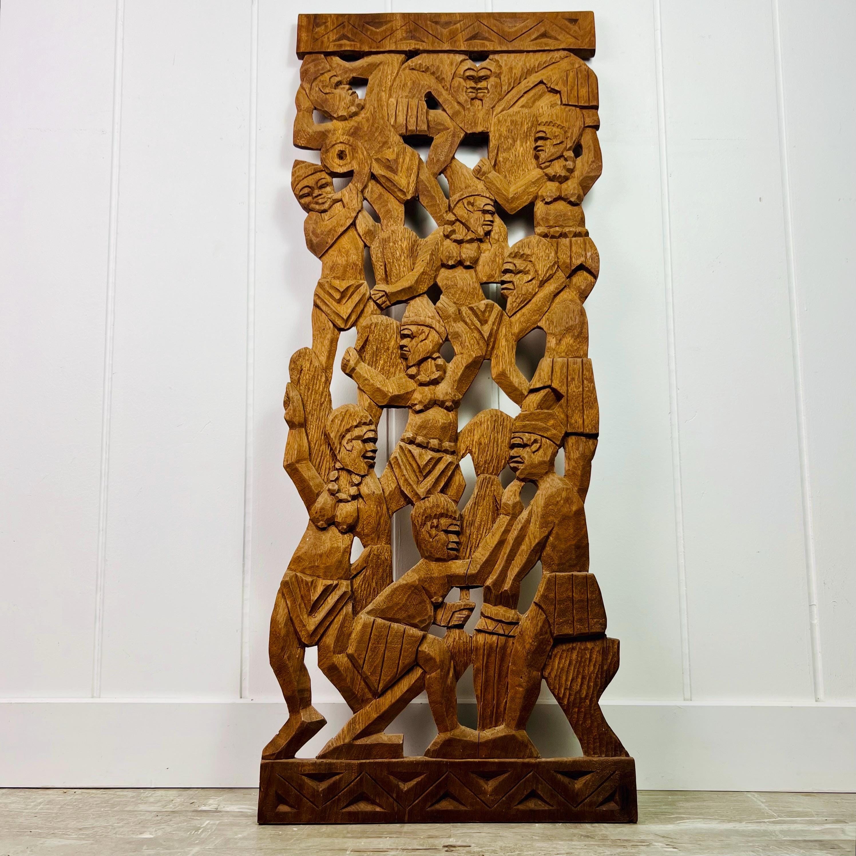 大型ヴィンテージ木製彫刻アフリカンパネル、部族の壁アート（44x17.5 