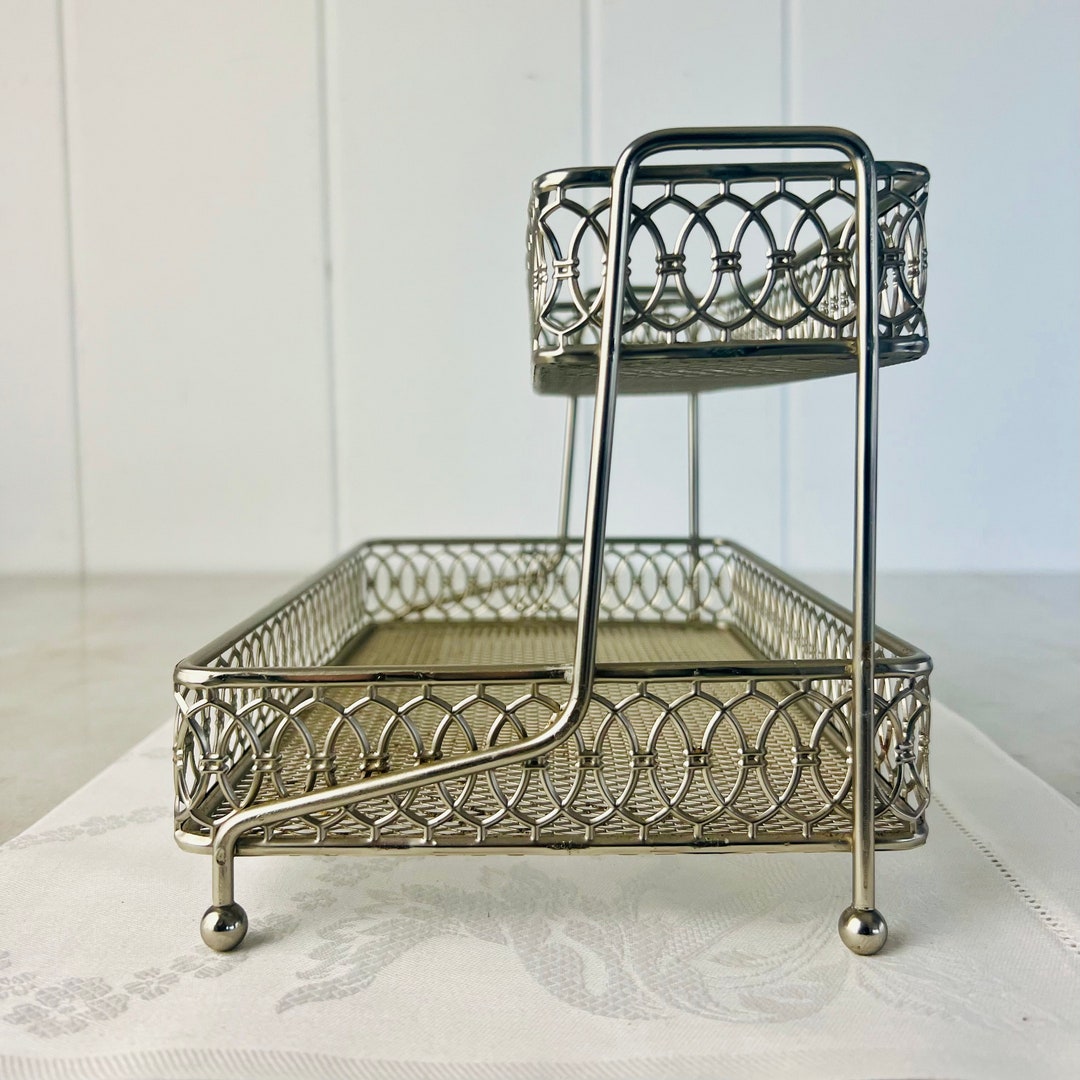 Vintage Mid Century Two Tier Metal Tray, Valet, Silver Coloured