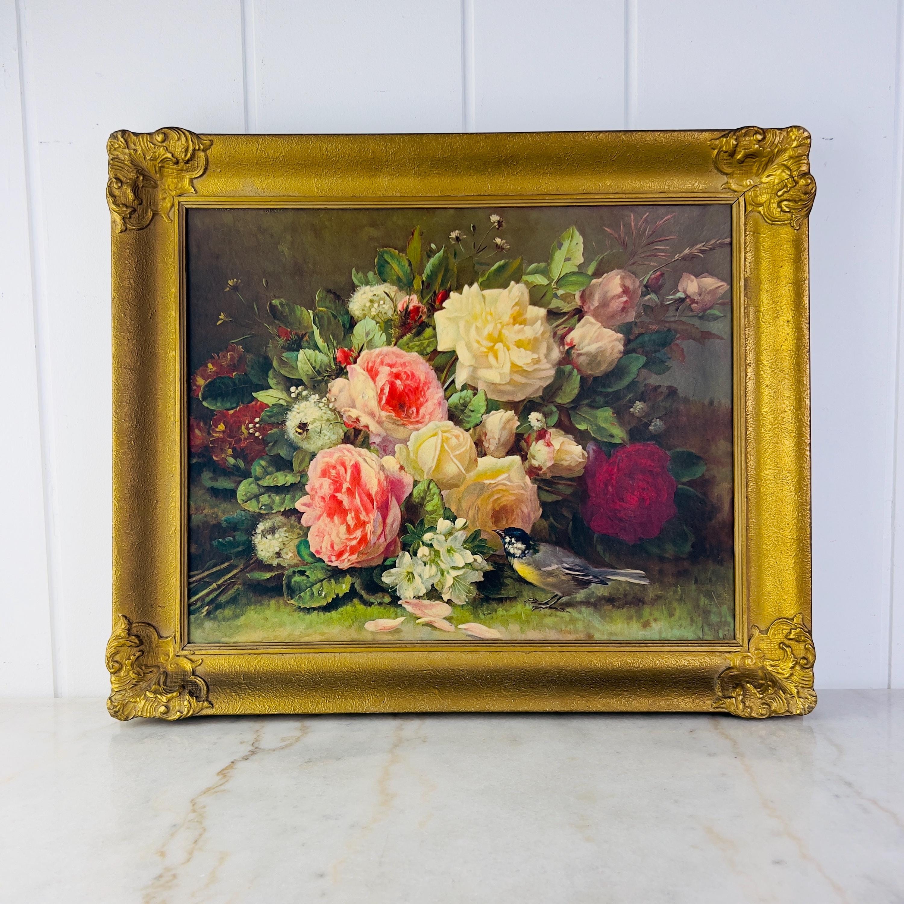 Antique 1940s Fragrance in Bloom print by Jean-Baptiste Robin, Gilt Frame, Floral Still Life Roses, floral art, Art Deco home decor