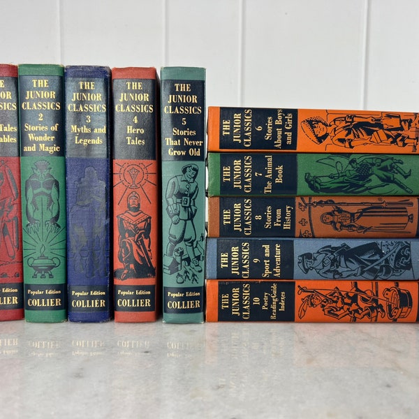 Antique (1938) Collier's Junior Classics Young Folks Shelf of Books, 10 volume set, fables fairytales decorative book set, birthday gift