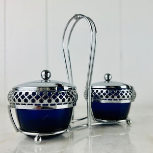 Vintage Double Mayell Chromium Handled Condiment Server with lids cobalt blue glass insert, tableware, housewarming gift