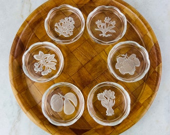 Vintage 1960s Embossed Glass Coasters with Floral and Fruit Design by Byron Hirota, handmade, set of six, barware, collectible, gift