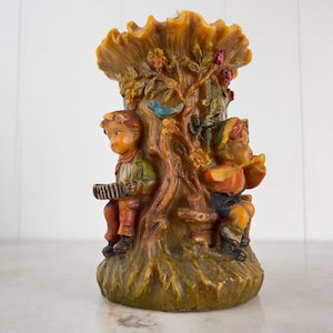 Antique Gunter Kerzen Hand Carved Hand Painted Pillar Wax Candle, Four children / two boys two girls, Original treetop lid, Made in Germany