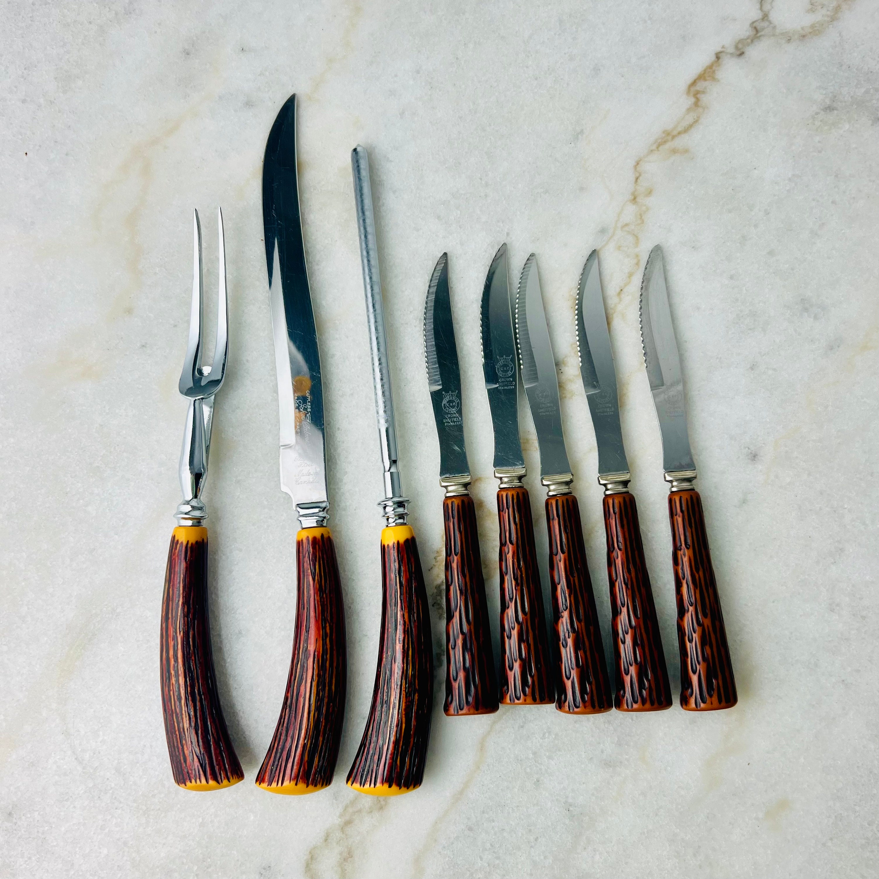 Vintage Crown Sheffield Knife Set 8pc Carving Knife, Fork
