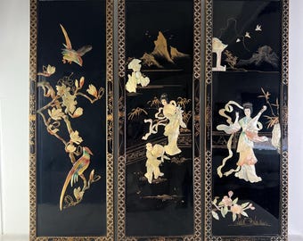 Vintage Black Lacquer Mother of Pearl Asian Shibayama Panels, set of three, Geishas + Birds, hand painted, Mid century home wall decor