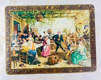 Antique Victoria Biscuit Tin, Lithographed Jan Steen &quot;Dansend Paar&quot; tin box, container storage shabby chic farmhouse kitchen decor, gift