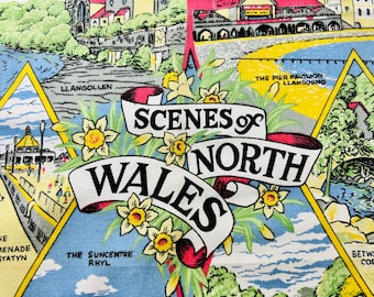 Vintage North Wales Cotton Tea Towel, Souvenir Kitchen Decor