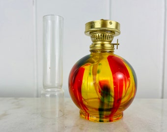 Vintage Hand Painted Glass Oil Lamp, Farmhouse Decor