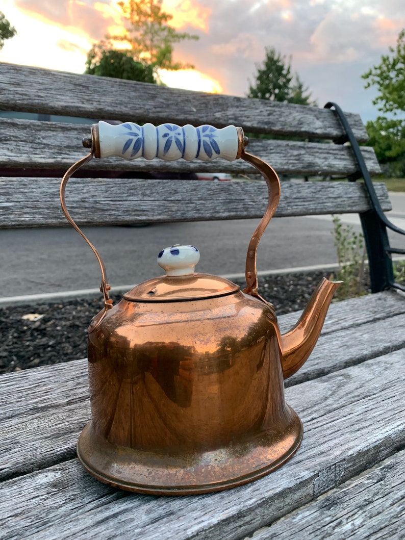 Bright COPPER Kettle Lovely Delft style ceramic handle Blue Etsy
