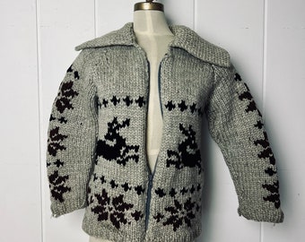 Vintage Hand Knit Wool Cowichan Sweater, Small Size, Zippered