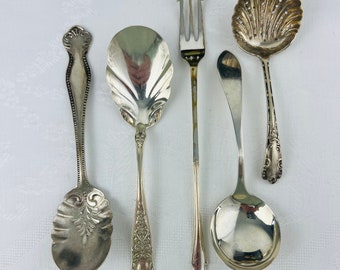 Antique Victorian Sterling or EPNS Serving Tools, five, sold individually, berry spoons, fish fork, ladles, embossed, etched, pierced