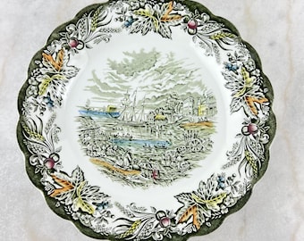 Vintage Ridgway Dinner Plate, 10&quot;, Fish Market Toronto, Heritage, Bartletts Scenes of Early Canada 1842, green transferware, England