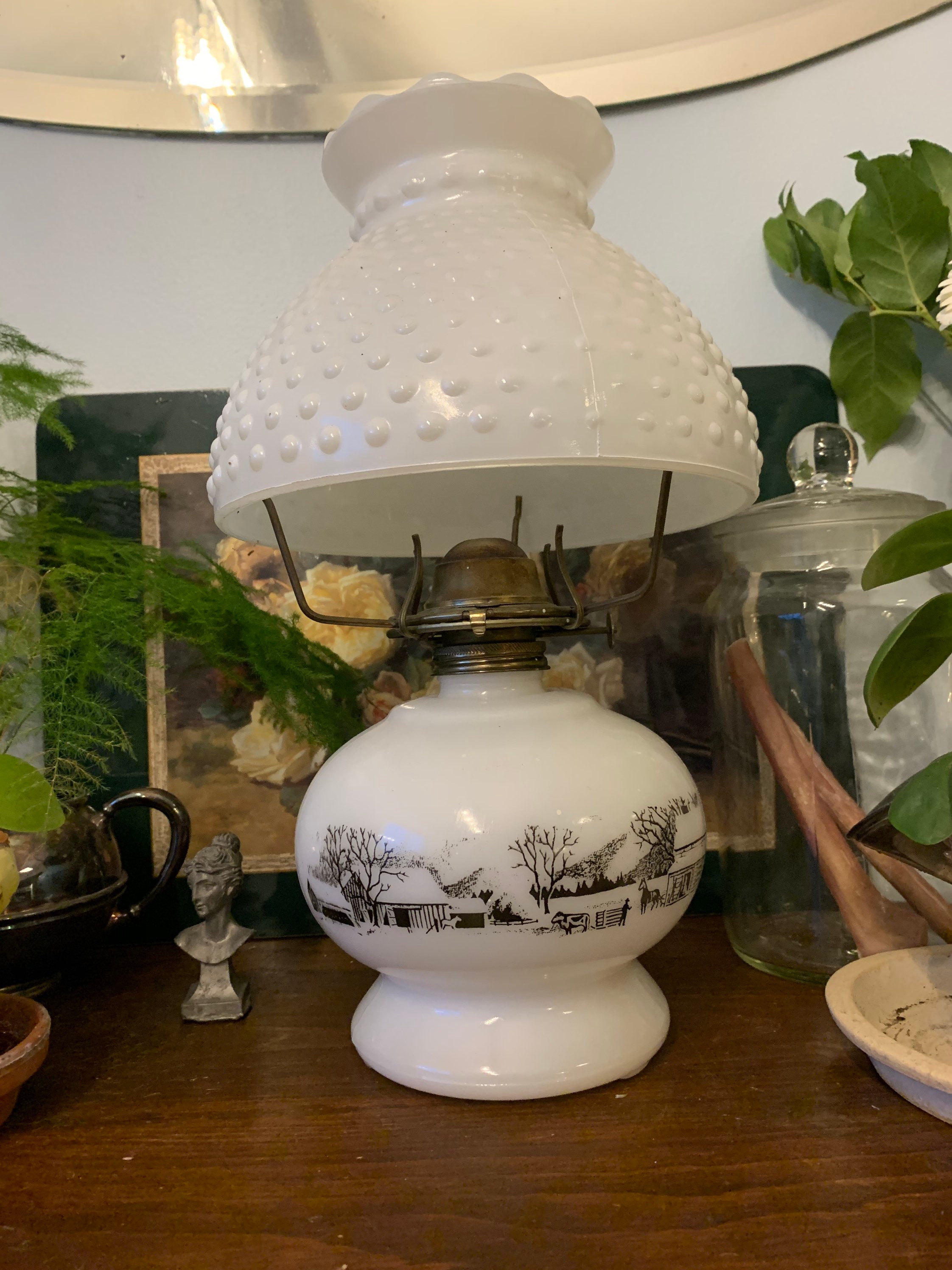 Currier and Ives Hurricane Oil Lamp With Country Farm Scene and