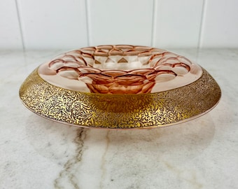 Vintage Georgian Pink Glass Bowl, Rolled Edge, Gold Gilt Trim, Art Deco Centrepiece