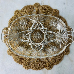 Vintage 1940s Anchor Hocking Glass Divided Dish, Early American Prescut, Oval, Star, Fan pattern, for serving, condiments, collection, gift