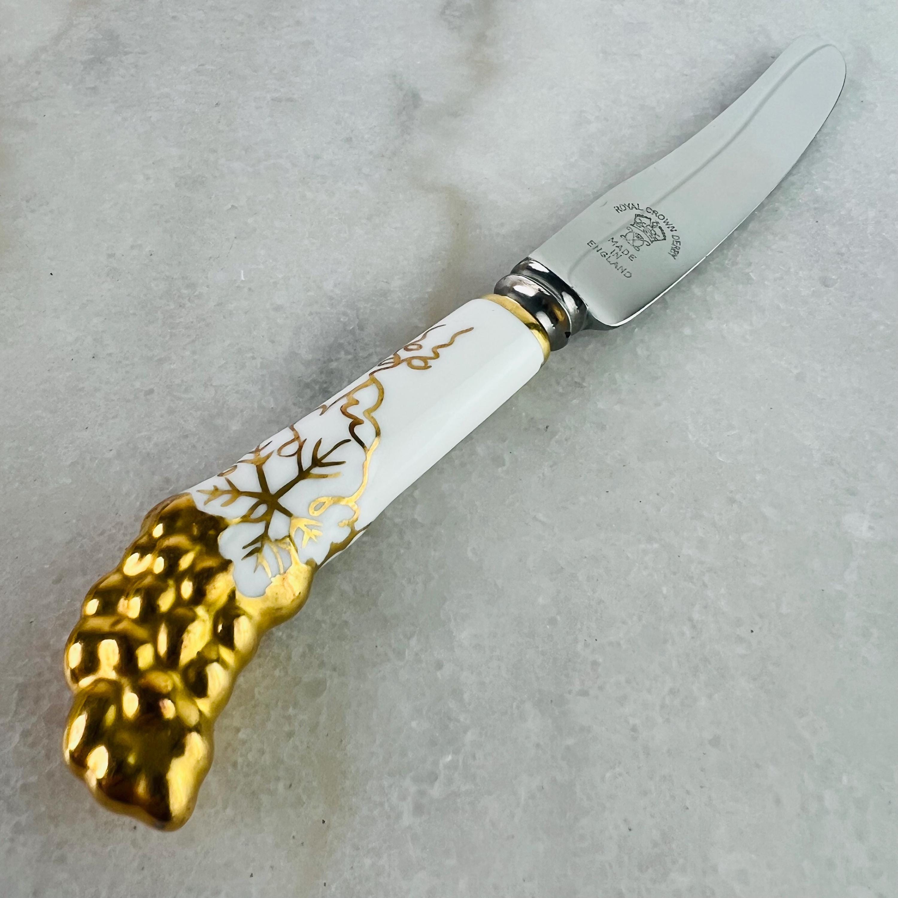 Vintage Royal Crown Derby Knives, Gold Vine Embossed China Handles