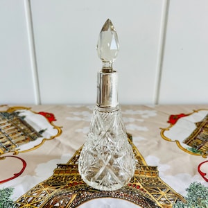 Antique (1907) Henry Perkins & Sons Perfume Flacon, Cut Crystal, Sterling Silver Collar, with stopper, for display, scents, perfume, cologne