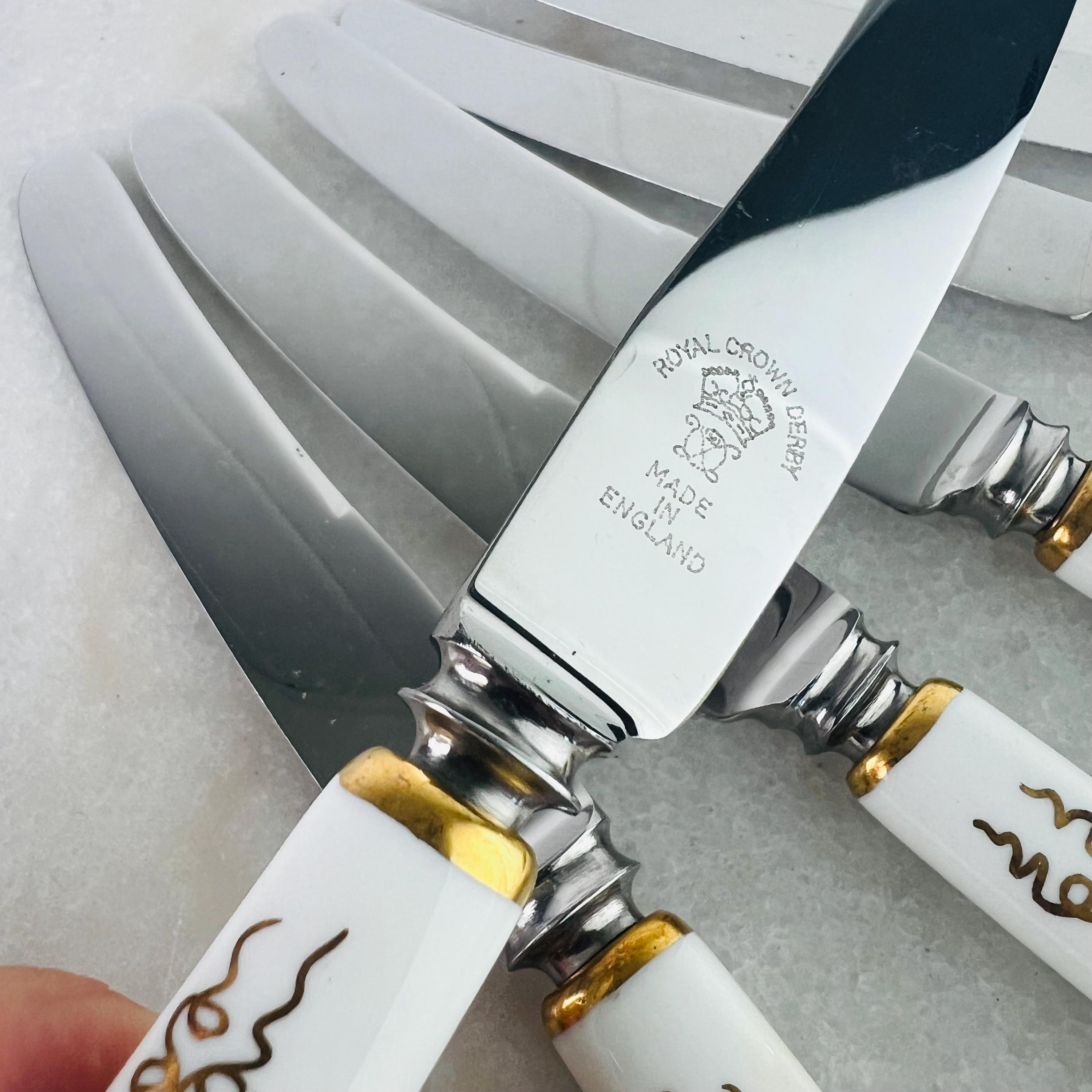 Vintage Royal Crown Derby Knives, Gold Vine Embossed China Handles