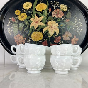 Vintage Westmoreland Tea Cup set of 11, Milk Glass, Grape embossed, paneled, for serving, tea or punch, kitchenware, collectible, gift