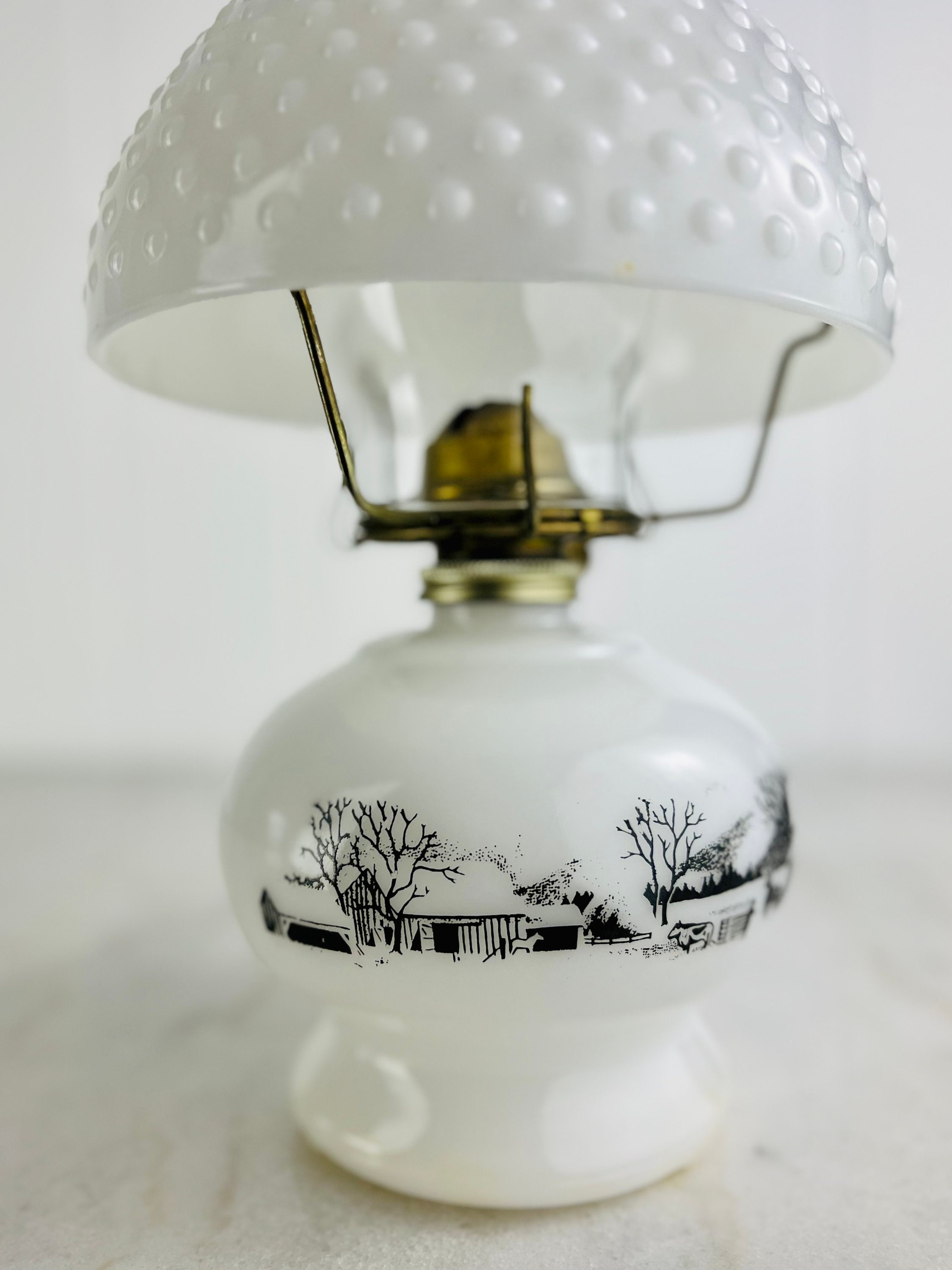 Currier and Ives Hurricane Oil Lamp With Country Farm Scene and