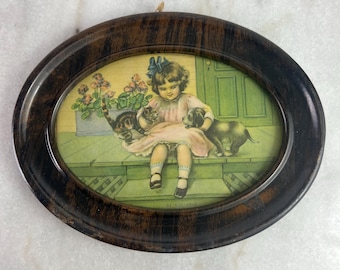 Vintage Bessie Pease Gutmann-lithografie, ovale lijst van tijgerhout, 'Be Sociable'