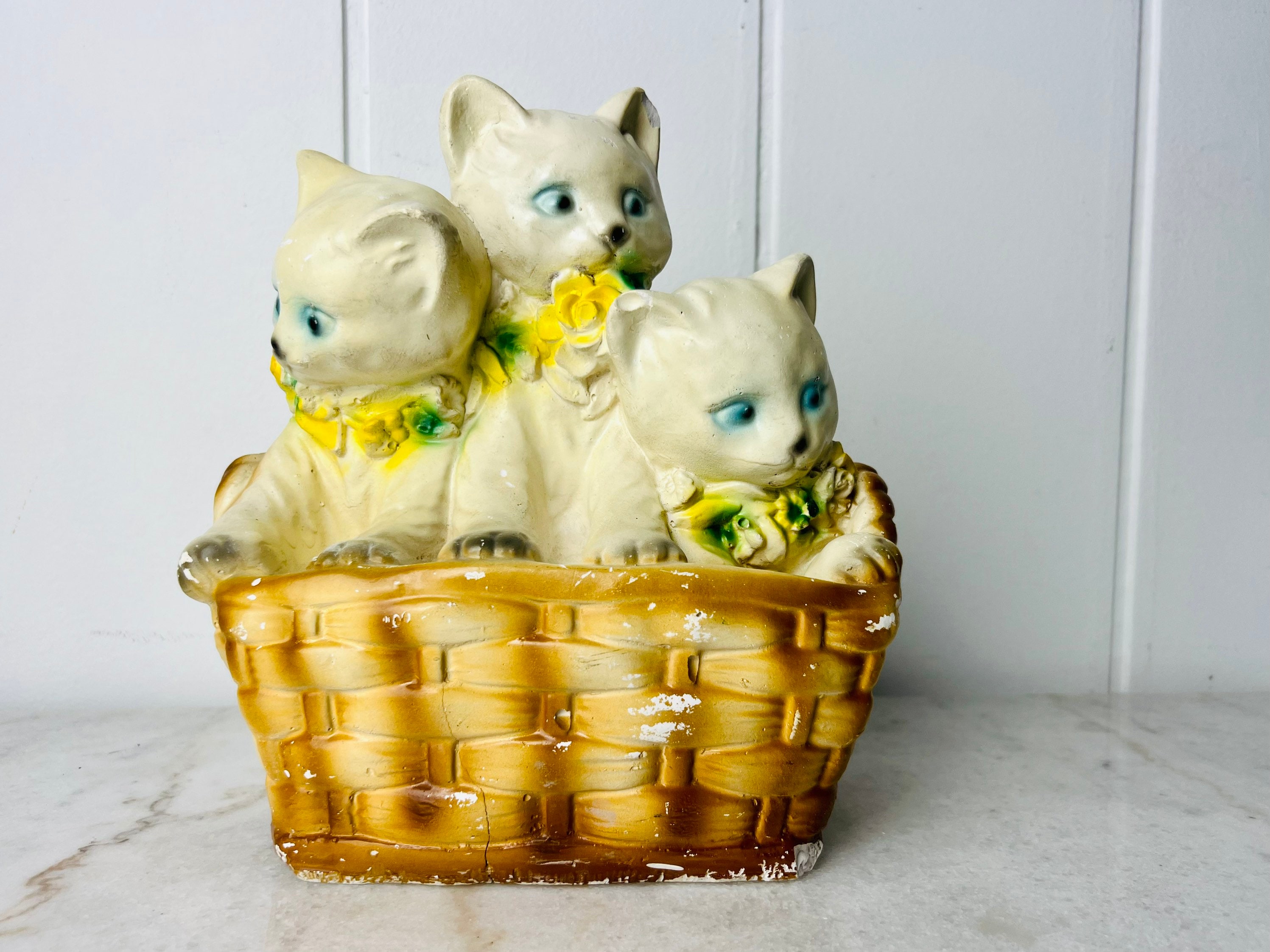 Vintage Whimsical Chalkware Coin Bank, Basket of Kittens