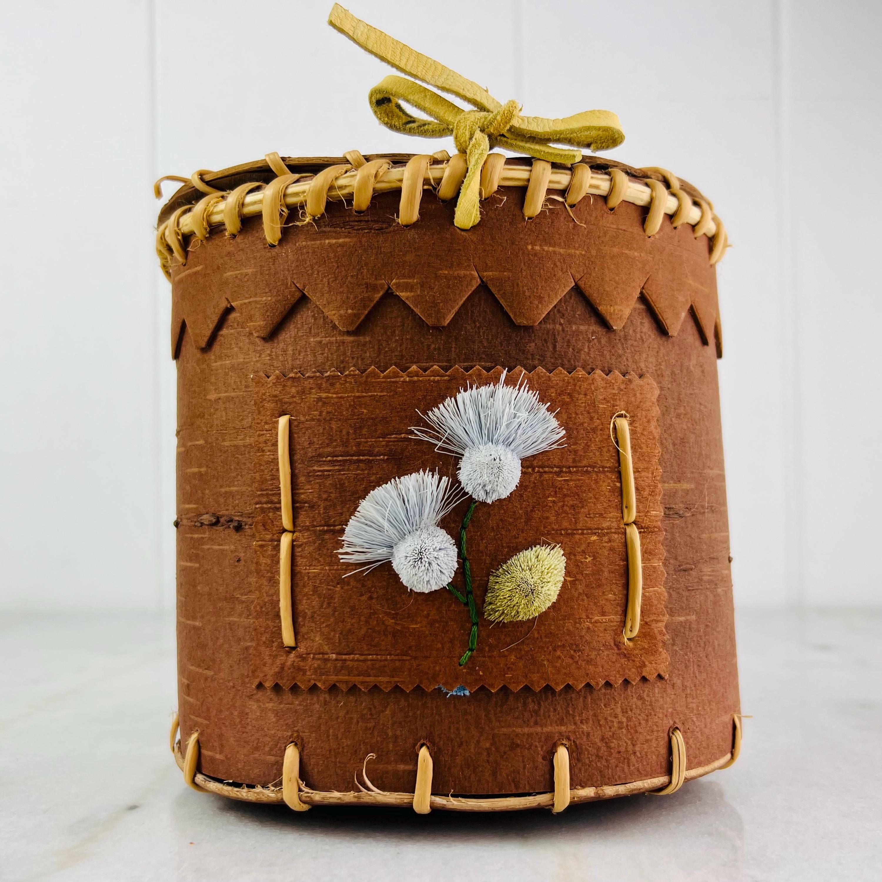 Vintage Birchbark Basket With Lid, Tufted Moose Hair Flowers