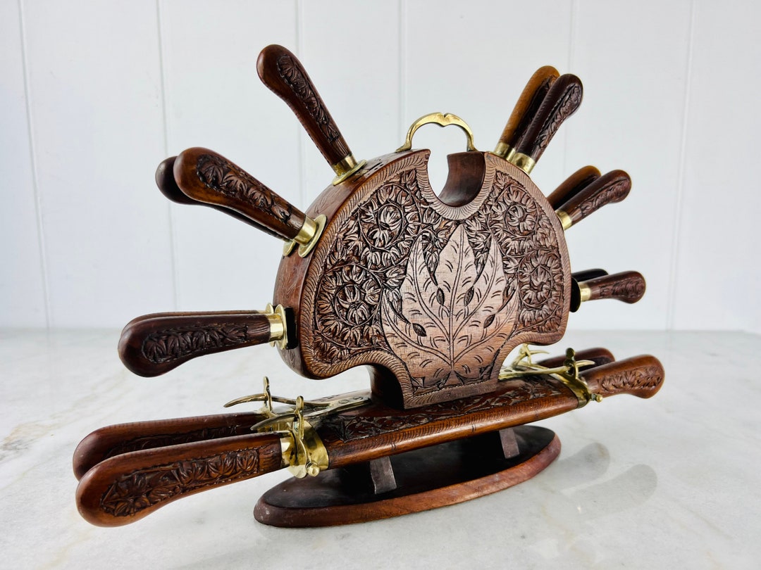 Indian Knife and Fork Set With Handcarved Rosewood Caddy, 15 Pieces