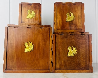 Vintage Haddon Hall Wooden Kitchen Canisters, Brass Chicken Decor, Set of 4