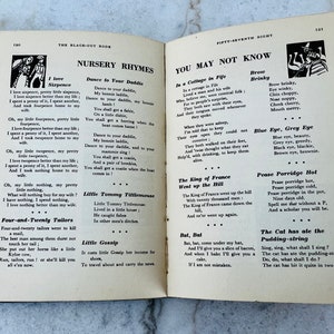 Peut inclure: Un livre ouvert avec une couverture bleue et des pages remplies de comptines et de po&egrave;mes. Le livre comprend des illustrations d'enfants et d'animaux. Le texte comprend des titres comme "J'aime Sixpence", "Danse pour ton papa", "Tu ne peux pas savoir", "Le roi de France est mont&eacute; sur la colline", et "Porridge chaud".