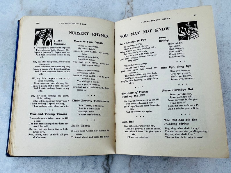 Peut inclure: Un livre ouvert avec une couverture bleue et des pages remplies de comptines et de po&egrave;mes. Le livre comprend des illustrations d'enfants et d'animaux. Le texte comprend des titres comme "J'aime Sixpence", "Danse pour ton papa", "Tu ne peux pas savoir", "Le roi de France est mont&eacute; sur la colline", et "Porridge chaud".