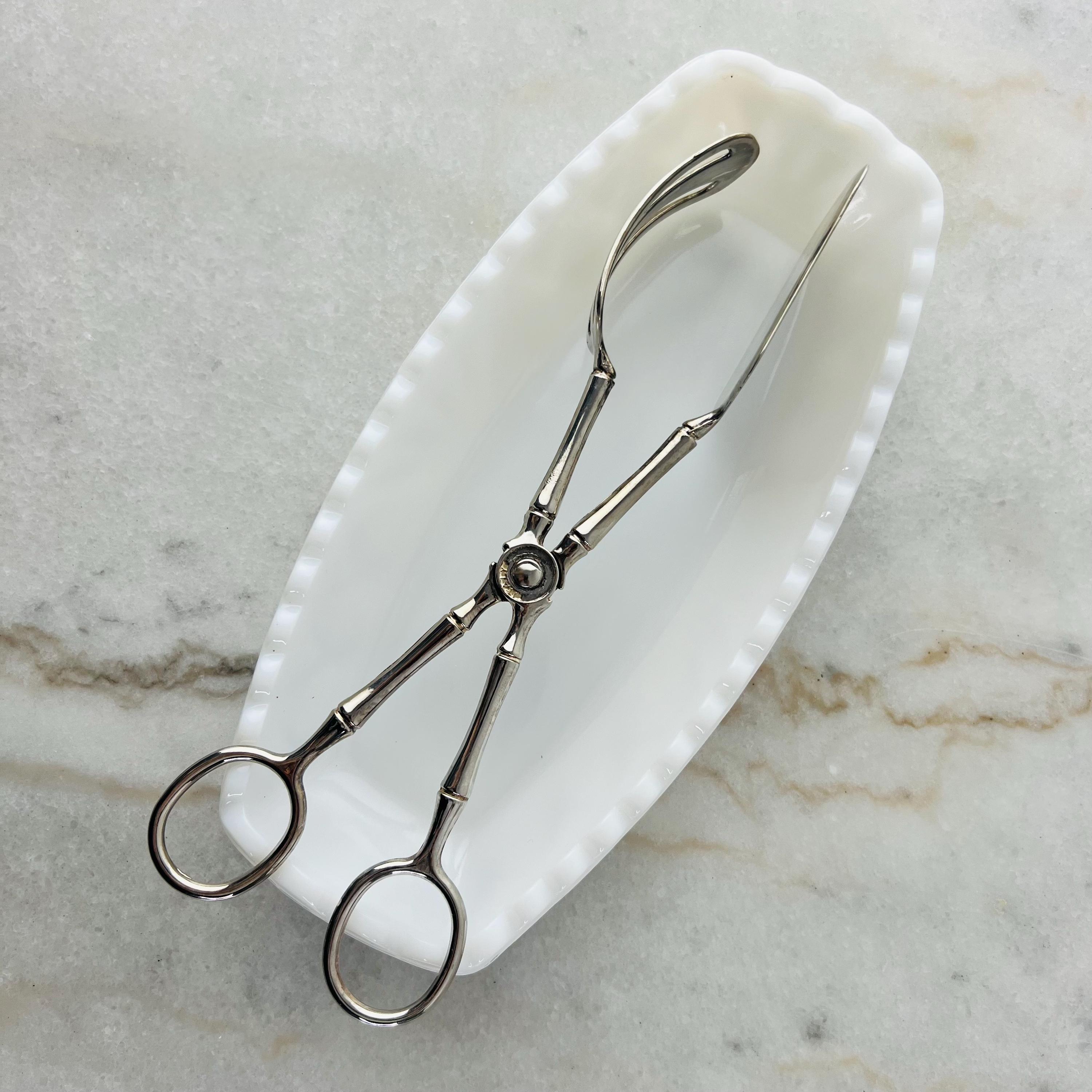 ヴィンテージ シルバー プレート シザー サービング トング、竹製