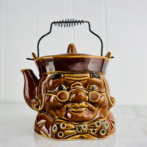 Vintage Teapot, Benjamin Franklin face and bust, man with spectacles, bow tie, for serving tea, kitschy, whimsical, decor, collection, gift