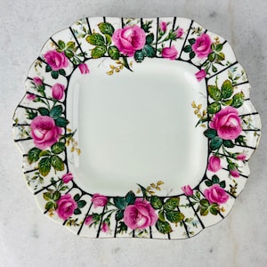 Antique (1930s) John Aynsley Cake Plate, A3186, hand painted Bone China, pink cabbage roses with black trellis, for wedding or Mother&#39;s Day
