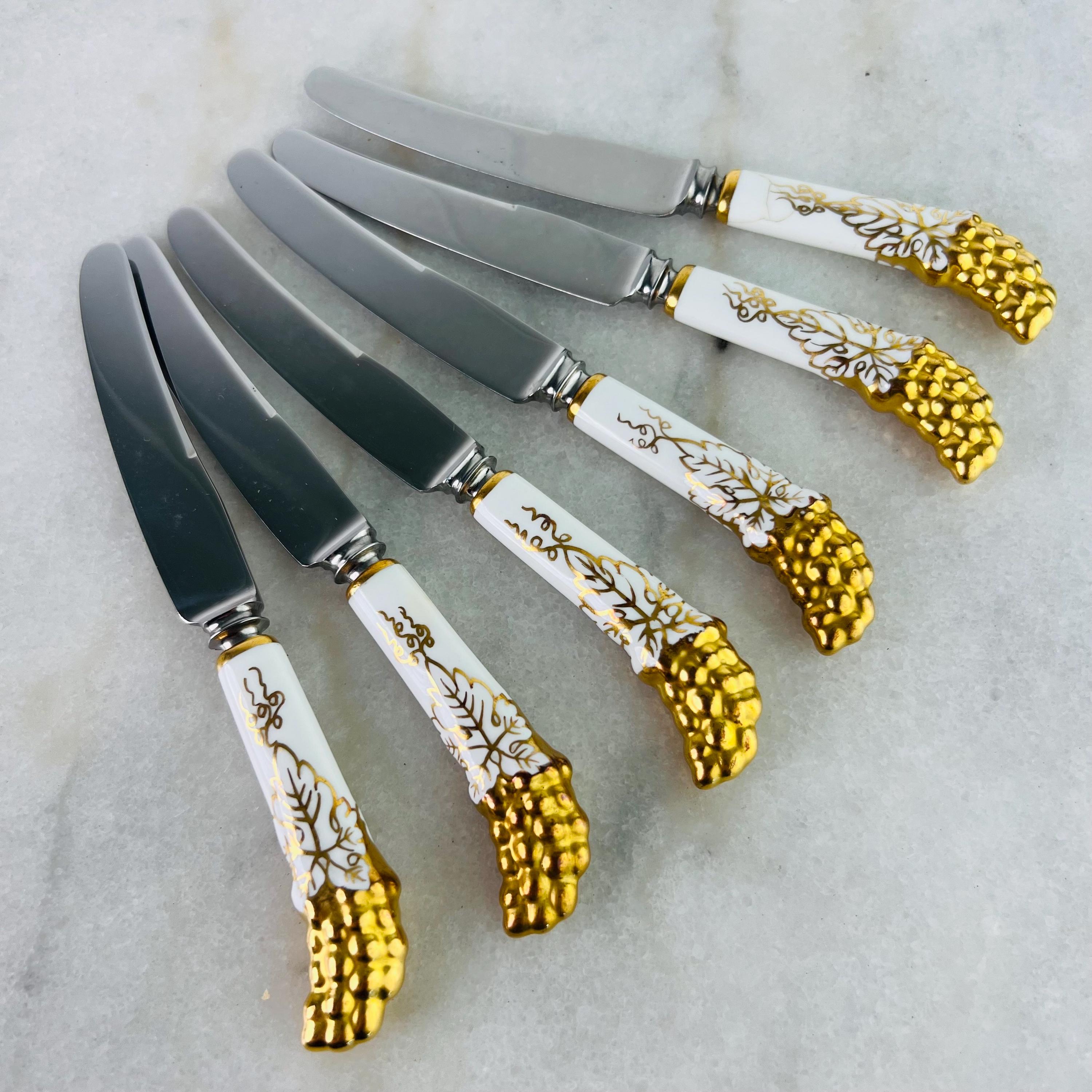 Vintage Royal Crown Derby Knives, Gold Vine Embossed China Handles