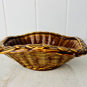 Antique Rockingham Square Bowl, 1840 Yellowware Basketweave, Bennington, Brown pottery, for serving bread, kitchen decor, collectible, gift