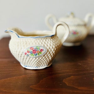 Antique K Flower Japan basketweave creamer and sugar bowl, flower handle lid, floral sprig, works great with French Country Kitchen style